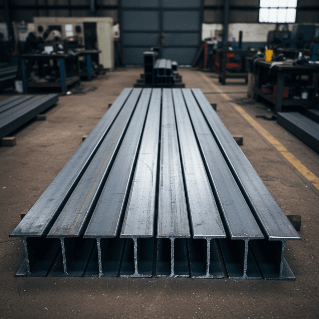 Overhead view of stacked steel beams showing precision cuts and polished metallic surfaces on fabrication floor