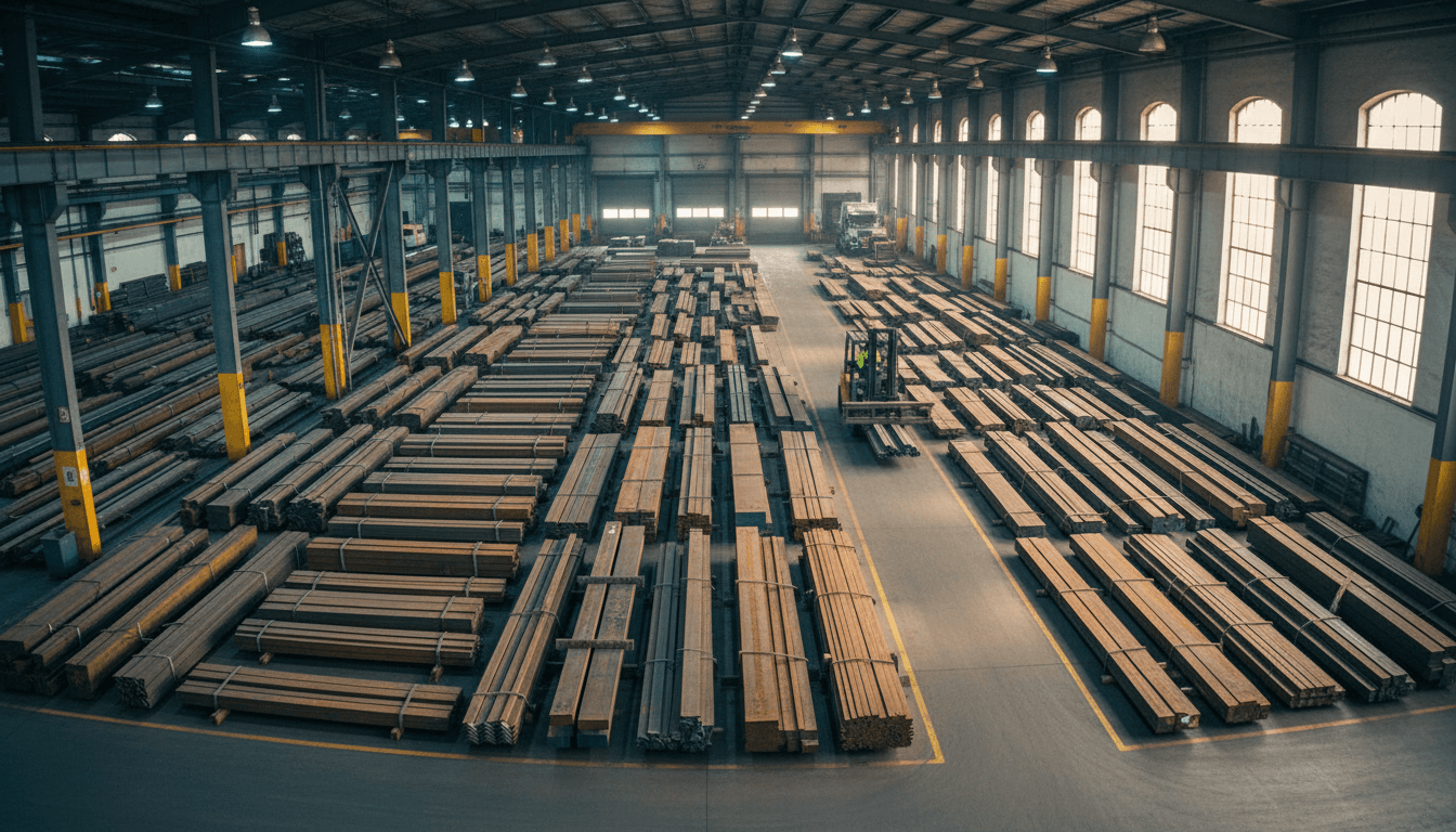 Overhead view of organized warehouse with multiple pallets of steel beams, angles, and structural materials under industrial lighting