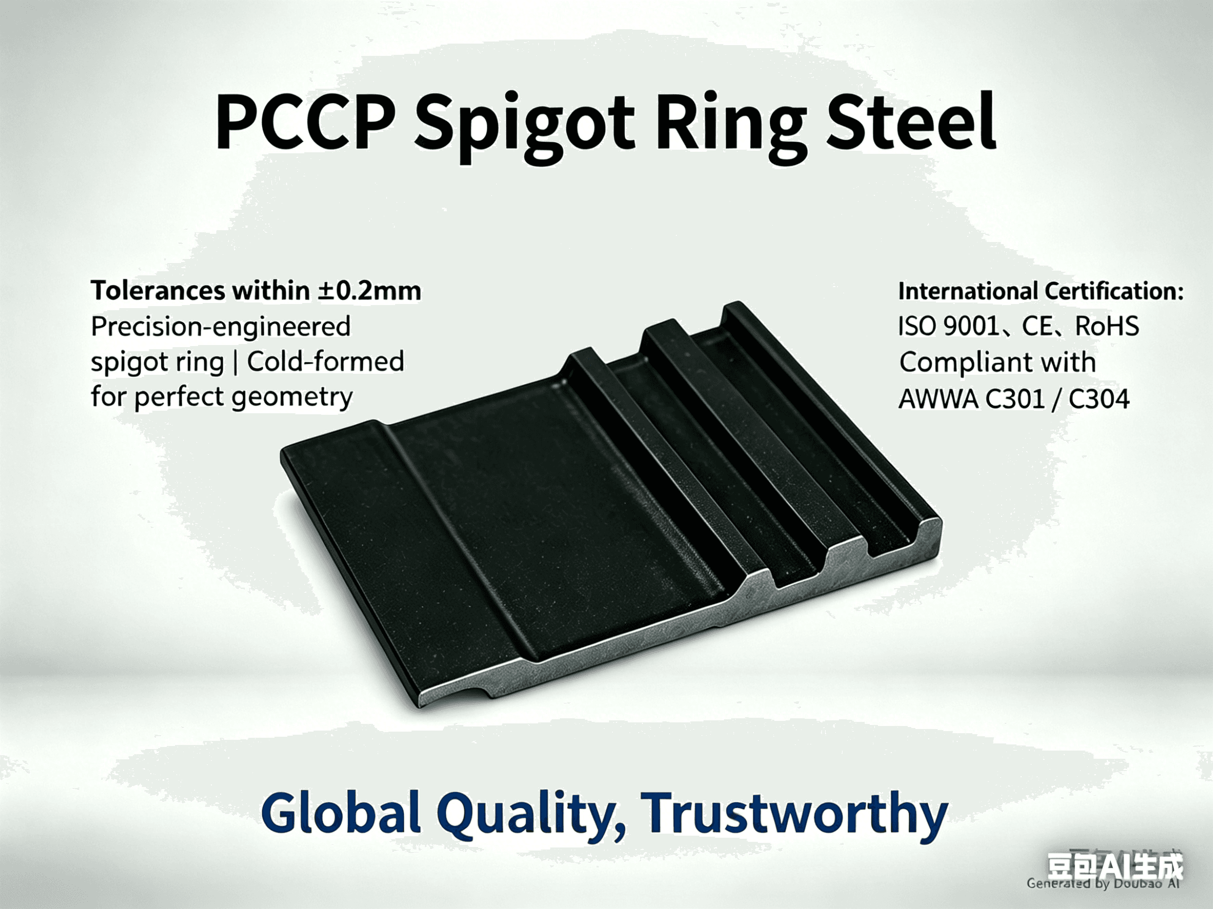Precision-engineered black PCCP spigot ring steel profile with cold-formed geometry and international certifications.