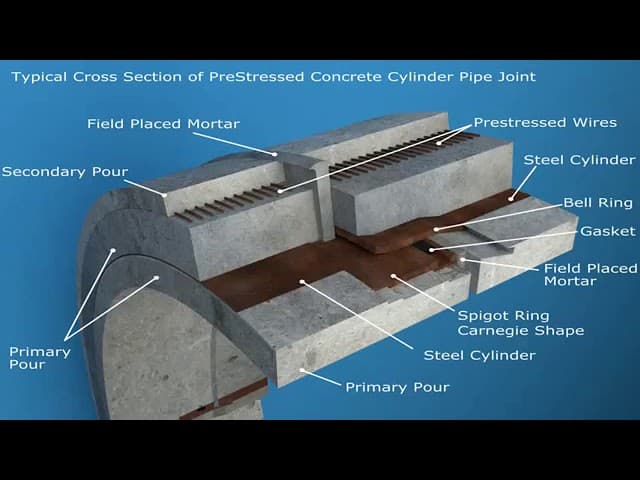 Labeled 3D cross-section diagram of a prestressed concrete cylinder pipe joint showing internal structural components.