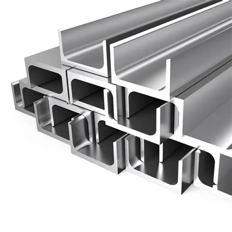 Neatly stacked rows of polished silver U-shaped metal beams for industrial and construction use.